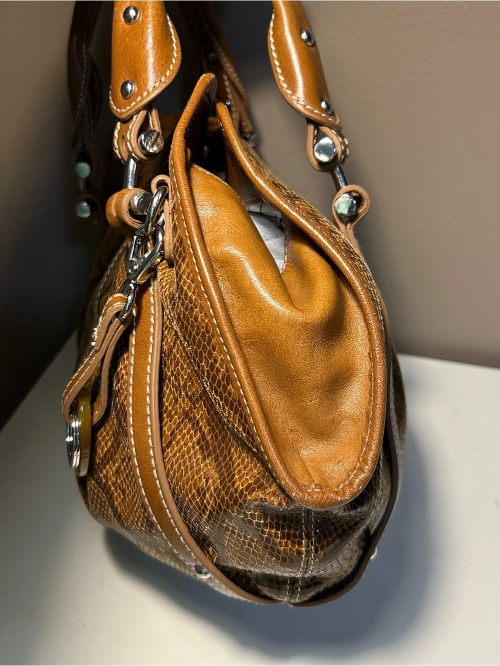 Barr + Barr New York NWT Snakeskin Leather Satchel Crossbody Handbag Purse Brown